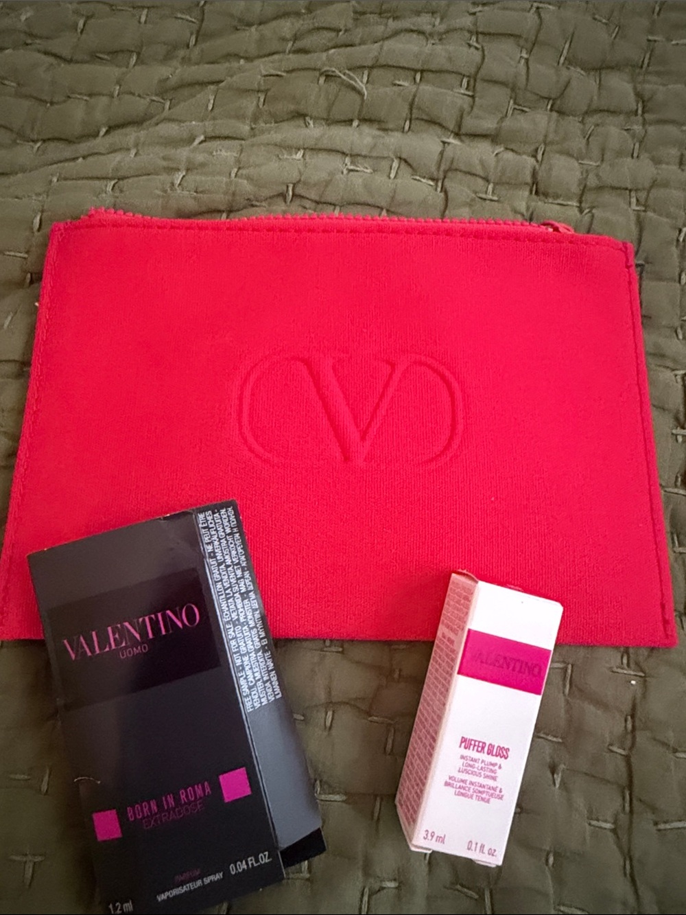 Valentino Red Embossed CV Zip Cosmetic Pouch GWP & 2 samples ( no box ) Canvas
